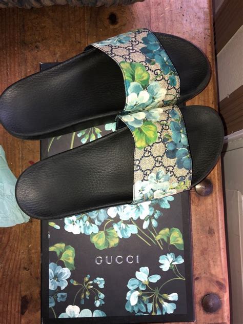 gucci kids flower shoes|Gucci slides with blue flowers.